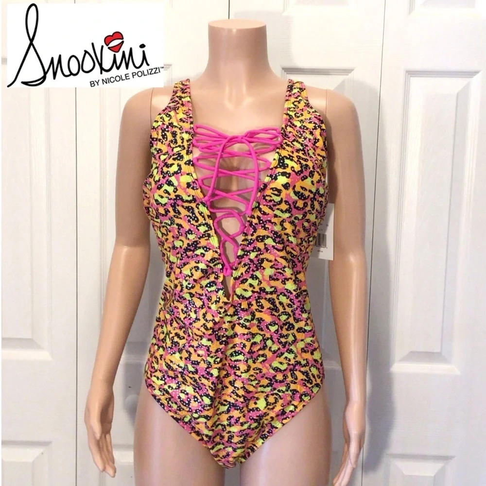 Snookini By Nicole Polizzi Leopard Print Lace Up Front One Pc Swimsuit Size 2X